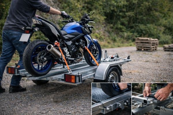 Chargement d'une moto sur remorque