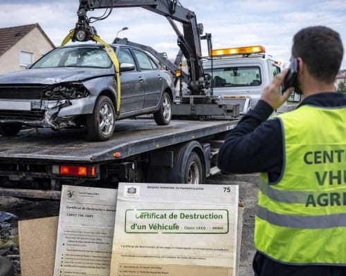 dépanneuse qui enlève une voiture avec certificat de destruction