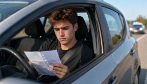 Un jeune homme dans sa voiture